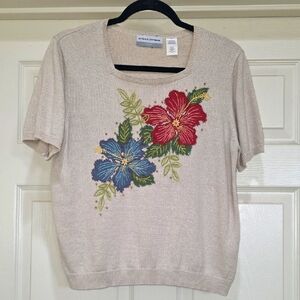 Vintage Alfred Dunner Floral Embroidered Short Sleeve Sweater Petite Large